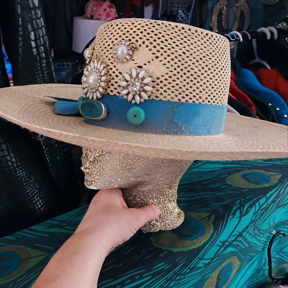 Customed Blue Ribbon Jeweled Straw Hat main image 9